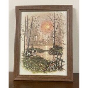 Vintage Print Picking Wildflowers By Creek River Bank Setting Summer Sun 9x7